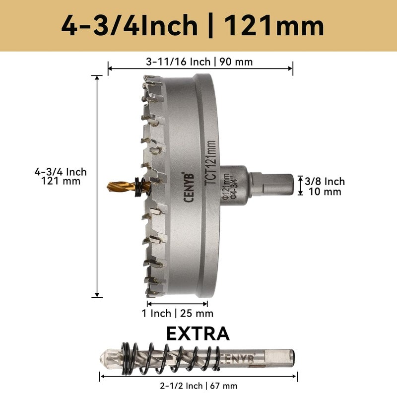 cenyb 4-3/4" (121mm) Tungsten Carbide Tipped Hole Saw with 2Pcs Titanium-Plated Pilot Drill Bits for Hard Metal,Stainless Steel,Iron,Aluminum Alloy,Wood and Plastic - Image 2